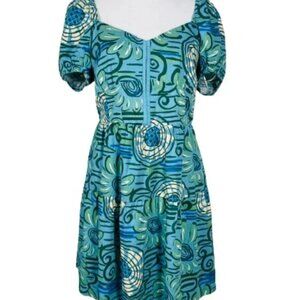 House of Harlow 1960 Linen Blend Puff-Sleeve Blue floral Mini Dress Size M